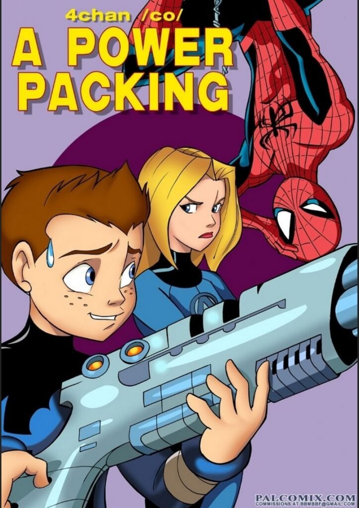 Spiderman hentai parody comic Spider-Man with two companions, a woman rolling her eyes and a man holding a space gun, set in a dynamic comic scene with futuristic elements.