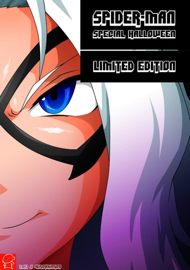 Spiderman hentai parody comic Close-up of a masked character with white hair, showcasing intricate details of her facial features and intense expression in dramatic lighting