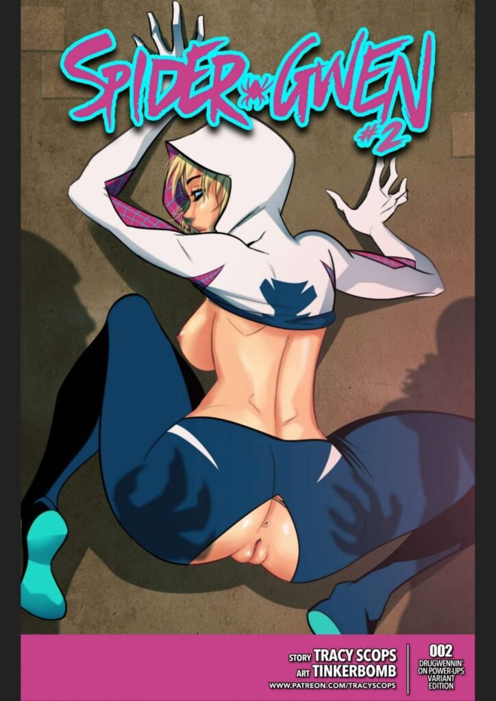 Gwen Stacy striking an action pose in her superhero suit, arching her back with confidence in this dynamic comic scene.