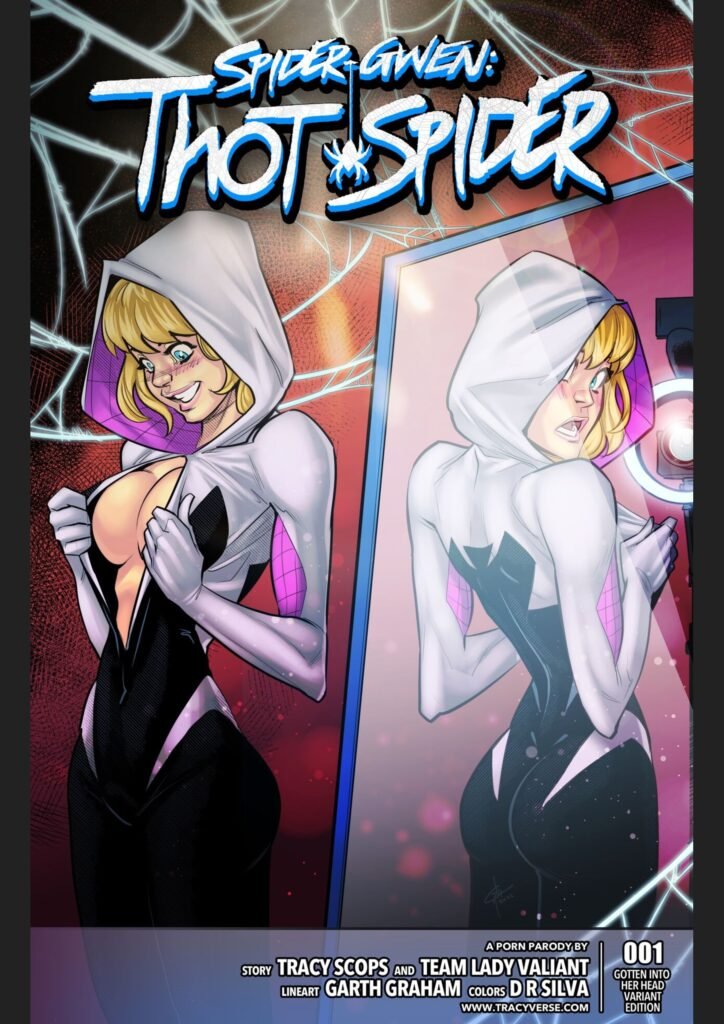 Spiderman hentai parody comic Gwen Stacy examining her reflection in a mirror, with a thoughtful expression, in a dynamic comic scene.